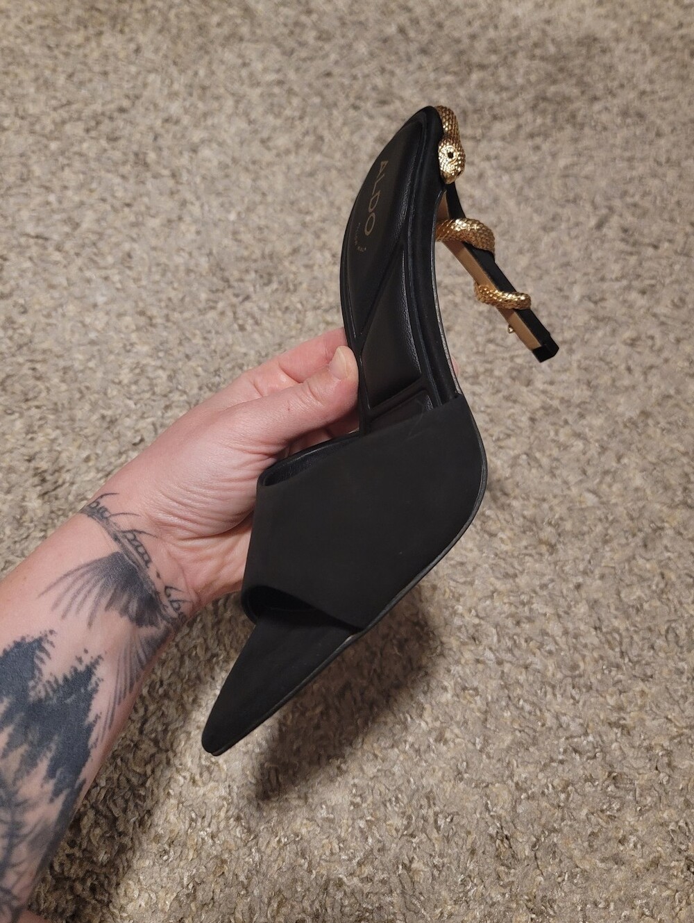 Aldo Seashella Slip On Stiletto Heels Mule Sandals Black Suede Gold Snake 6 - Picture 7 of 13